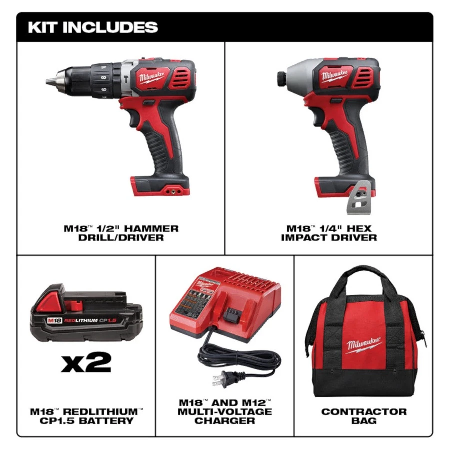 Combo inalámbrico de 2 herramientas rotomartillo 1/2" m18™ + llave de impacto compacta hexagonal 1/4" m18™ con carbones 18 voltios ion de litio con dos baterias compactas 1.5 amp + cargador + maleta de almacenaje.